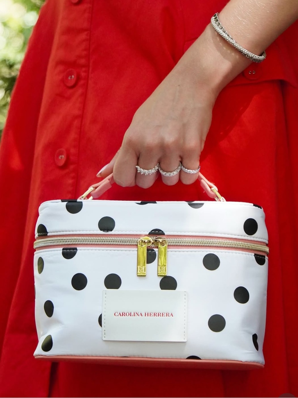 Carolina Herrera Beauty White Polka Dot Cosmetic Case with Pink Top Handle